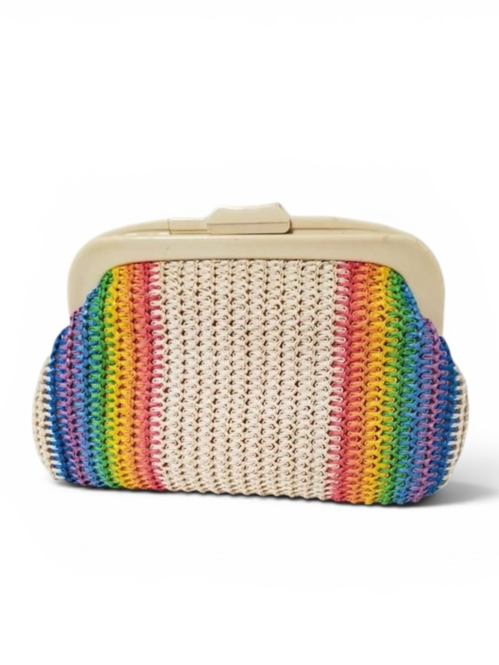 Vintage 1970s Rainbow Raffia Crochet MCI Hong Kong Beach Resort Boho Clutch Bag